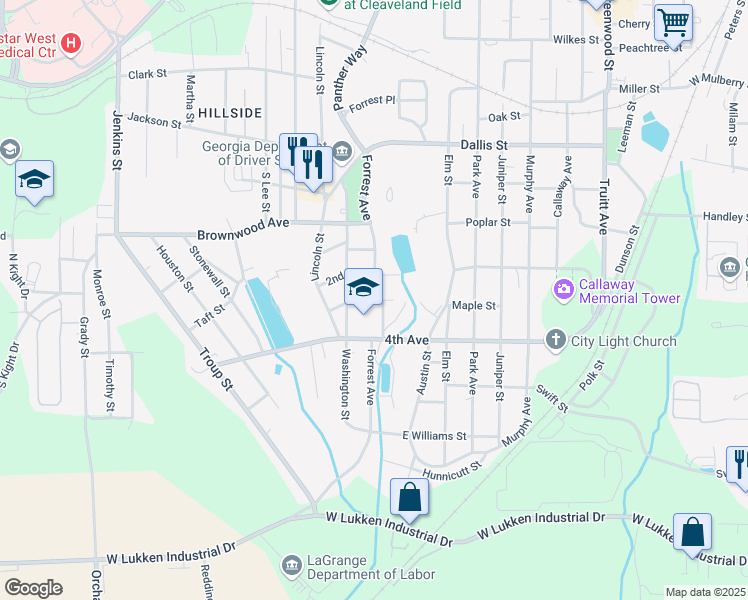 map of restaurants, bars, coffee shops, grocery stores, and more near Forrest Avenue in LaGrange