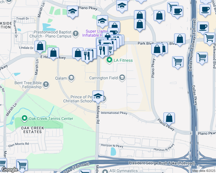 map of restaurants, bars, coffee shops, grocery stores, and more near 4100 Midway Road in Carrollton
