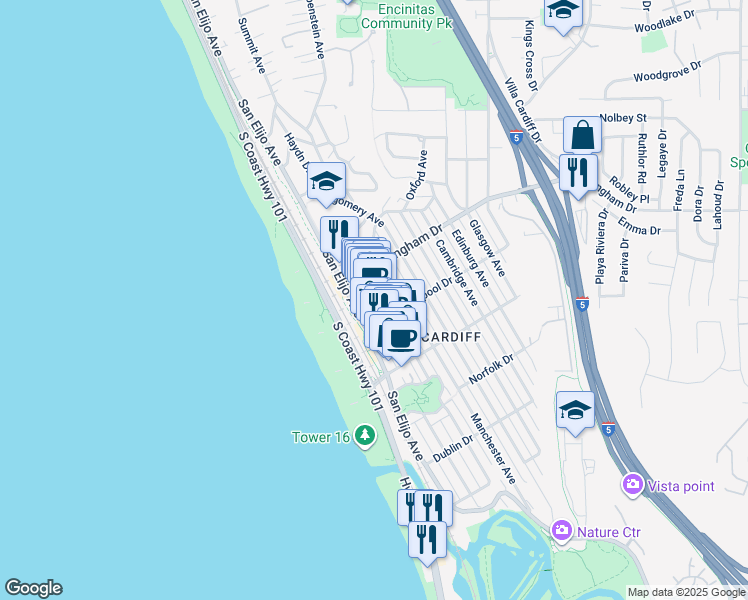map of restaurants, bars, coffee shops, grocery stores, and more near 2015 San Elijo Avenue in Encinitas