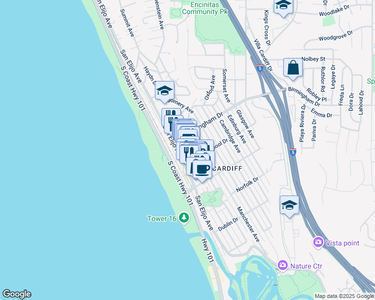 map of restaurants, bars, coffee shops, grocery stores, and more near 2015 San Elijo Avenue in Encinitas