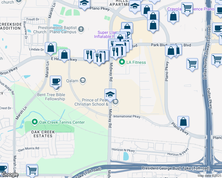 map of restaurants, bars, coffee shops, grocery stores, and more near 4100 Midway Road in Plano