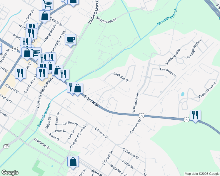 map of restaurants, bars, coffee shops, grocery stores, and more near 217 Branch Creek Trail in Summerville