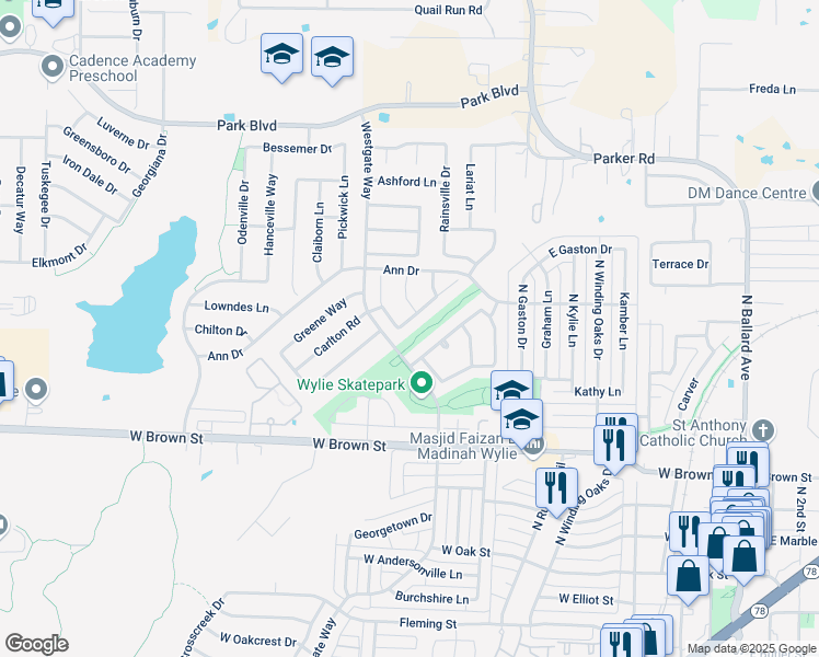 map of restaurants, bars, coffee shops, grocery stores, and more near 501 Brighton Court Road in Wylie