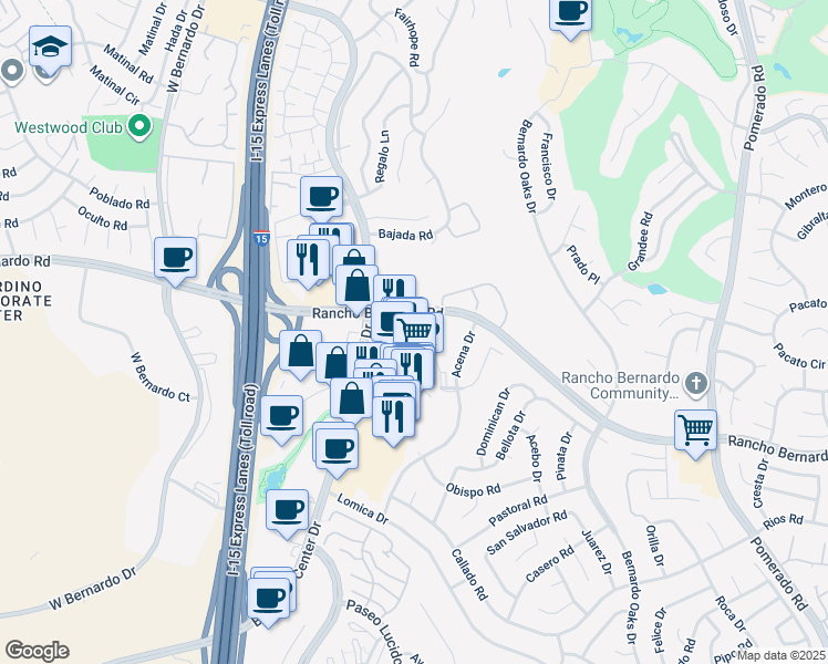 map of restaurants, bars, coffee shops, grocery stores, and more near 11989 Rancho Bernardo Road in San Diego