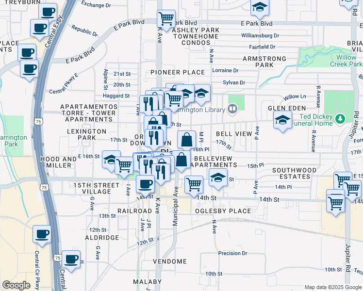 map of restaurants, bars, coffee shops, grocery stores, and more near 1609 L Avenue in Plano