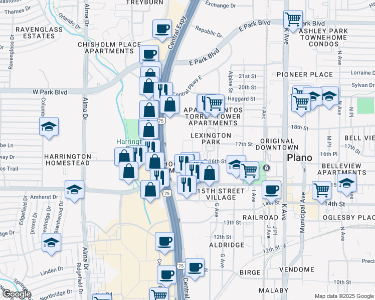 map of restaurants, bars, coffee shops, grocery stores, and more near 659 East 16th Street in Plano