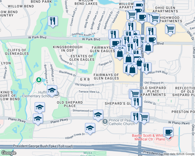 map of restaurants, bars, coffee shops, grocery stores, and more near 1620 Old Course Drive in Plano