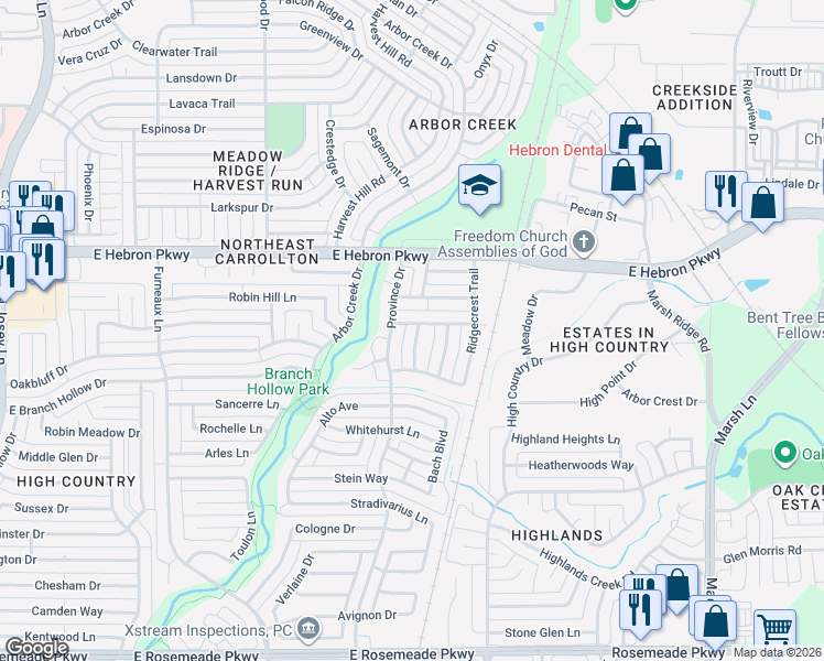 map of restaurants, bars, coffee shops, grocery stores, and more near 2209 Creekridge Drive in Carrollton