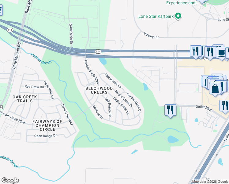 map of restaurants, bars, coffee shops, grocery stores, and more near 2837 Maple Creek Drive in Fort Worth