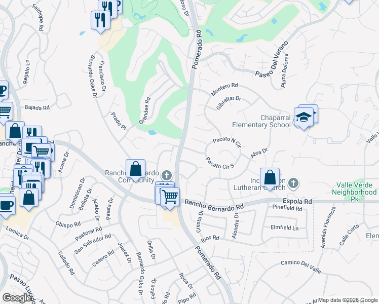 map of restaurants, bars, coffee shops, grocery stores, and more near 12531 Pomerado Court in San Diego