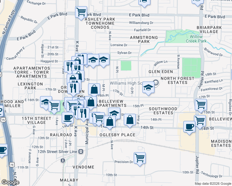 map of restaurants, bars, coffee shops, grocery stores, and more near 1507 17th Street in Plano