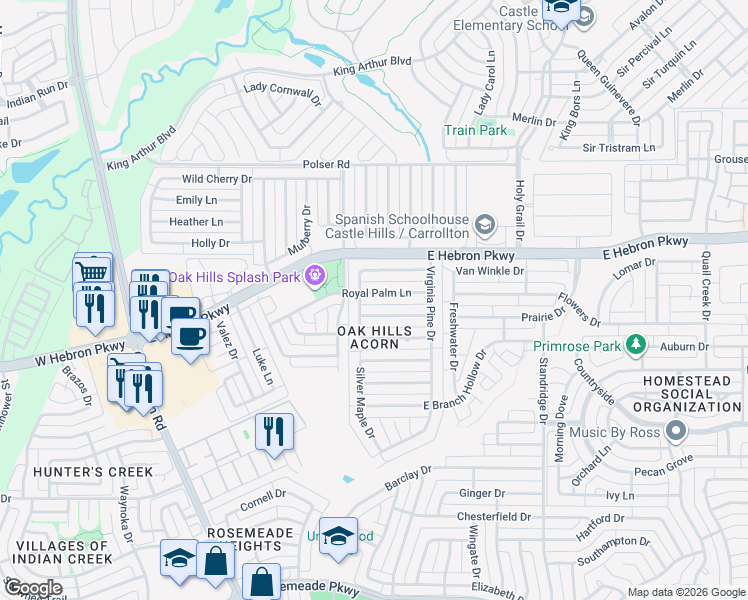 map of restaurants, bars, coffee shops, grocery stores, and more near 1301 Royal Palm Lane in Carrollton