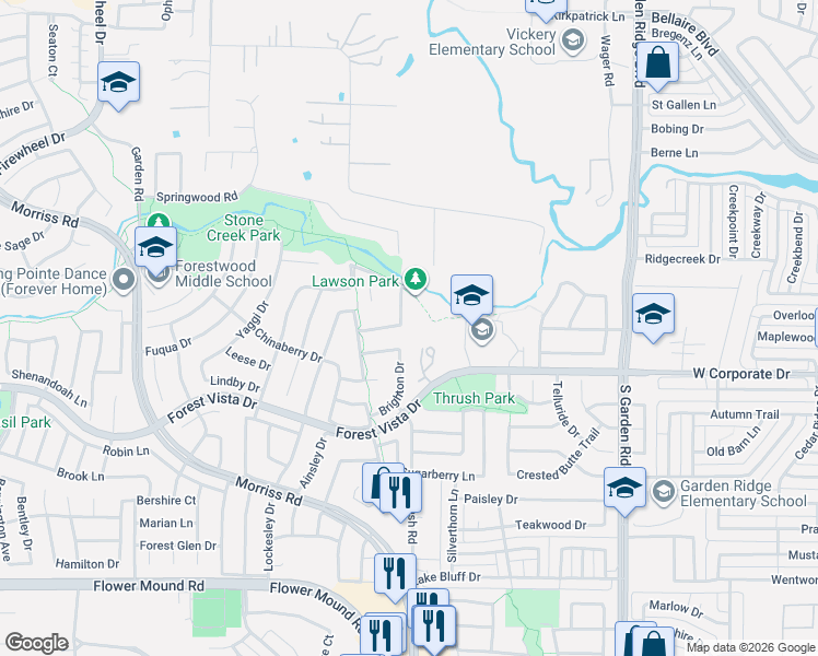map of restaurants, bars, coffee shops, grocery stores, and more near 1104 Bur Oak Drive in Flower Mound