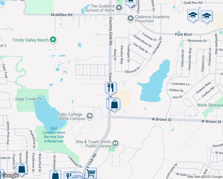 map of restaurants, bars, coffee shops, grocery stores, and more near 650 Country Club Road in Wylie