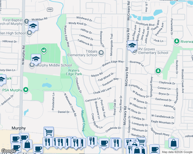 map of restaurants, bars, coffee shops, grocery stores, and more near 600 Maize Road in Murphy
