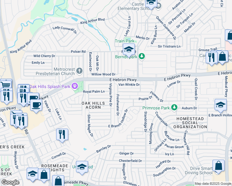 map of restaurants, bars, coffee shops, grocery stores, and more near 4022 Virginia Pine Drive in Carrollton