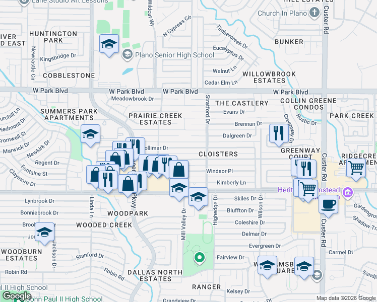 map of restaurants, bars, coffee shops, grocery stores, and more near 2636 Mollimar Drive in Plano