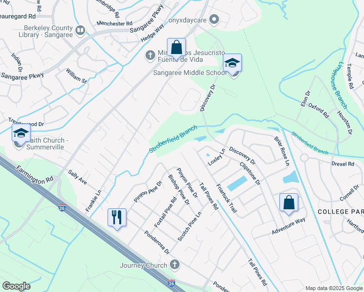 map of restaurants, bars, coffee shops, grocery stores, and more near 263 Tall Pines Road in Ladson