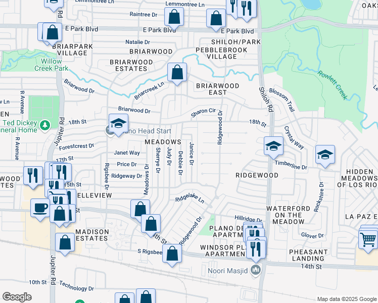 map of restaurants, bars, coffee shops, grocery stores, and more near 1612 Janice Drive in Plano