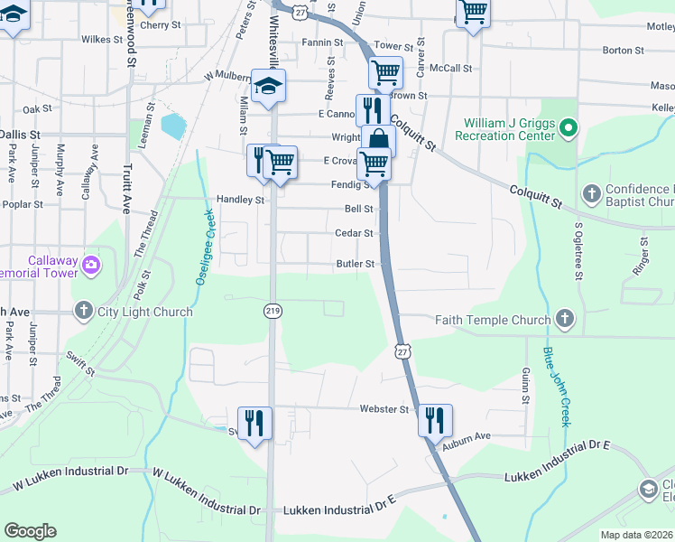 map of restaurants, bars, coffee shops, grocery stores, and more near 1101 Boggs Street in LaGrange