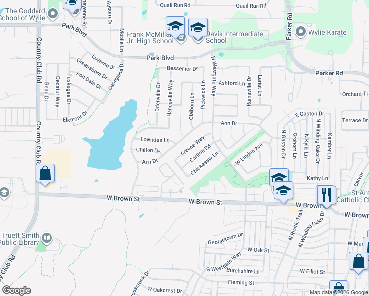 map of restaurants, bars, coffee shops, grocery stores, and more near 909 Ann Drive in Wylie