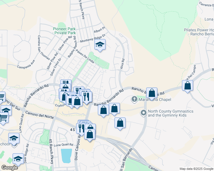 map of restaurants, bars, coffee shops, grocery stores, and more near 17017 New Rochelle Way in San Diego