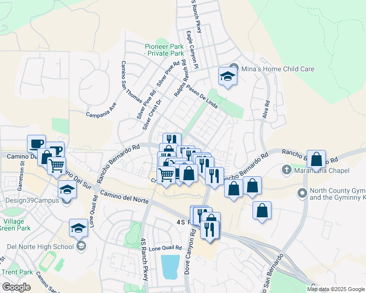 map of restaurants, bars, coffee shops, grocery stores, and more near 16926 4S Ranch Parkway in San Diego