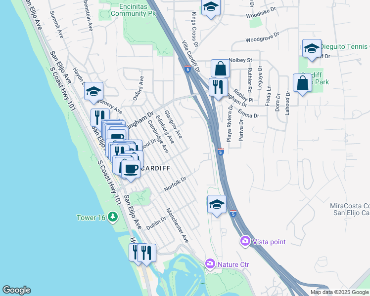map of restaurants, bars, coffee shops, grocery stores, and more near 500 Chesterfield Drive in Encinitas