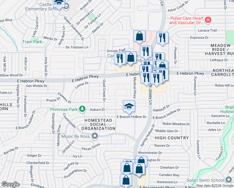 map of restaurants, bars, coffee shops, grocery stores, and more near 1824 Branch Trail in Carrollton