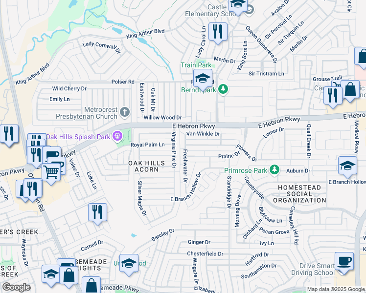 map of restaurants, bars, coffee shops, grocery stores, and more near 4022 Virginia Pine Drive in Carrollton