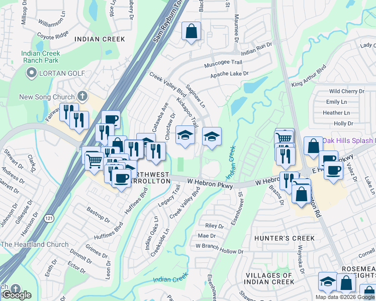 map of restaurants, bars, coffee shops, grocery stores, and more near 4109 Creek Valley Boulevard in Carrollton