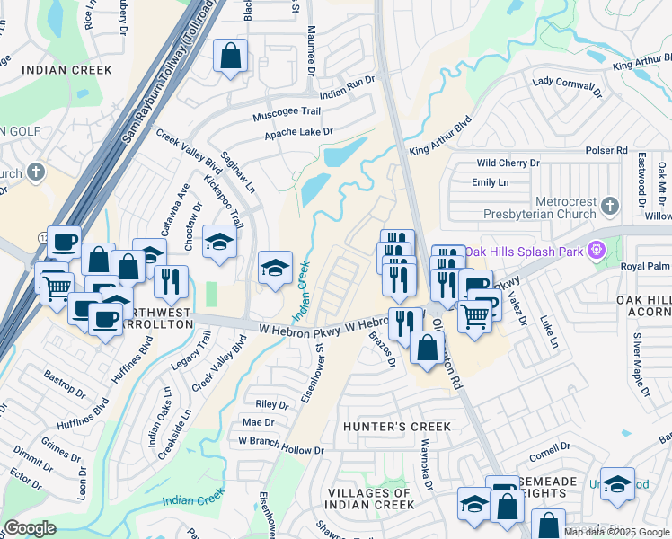 map of restaurants, bars, coffee shops, grocery stores, and more near 4169 Creekmeadow Drive in Carrollton