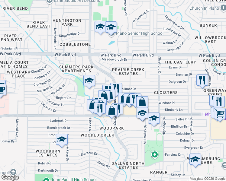 map of restaurants, bars, coffee shops, grocery stores, and more near 2900 Mollimar Drive in Plano