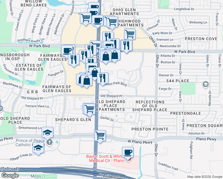 map of restaurants, bars, coffee shops, grocery stores, and more near 4700 Preston Park Boulevard in Plano