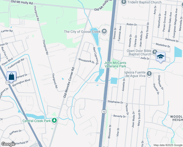map of restaurants, bars, coffee shops, grocery stores, and more near 112 Red Cypress Drive in Goose Creek