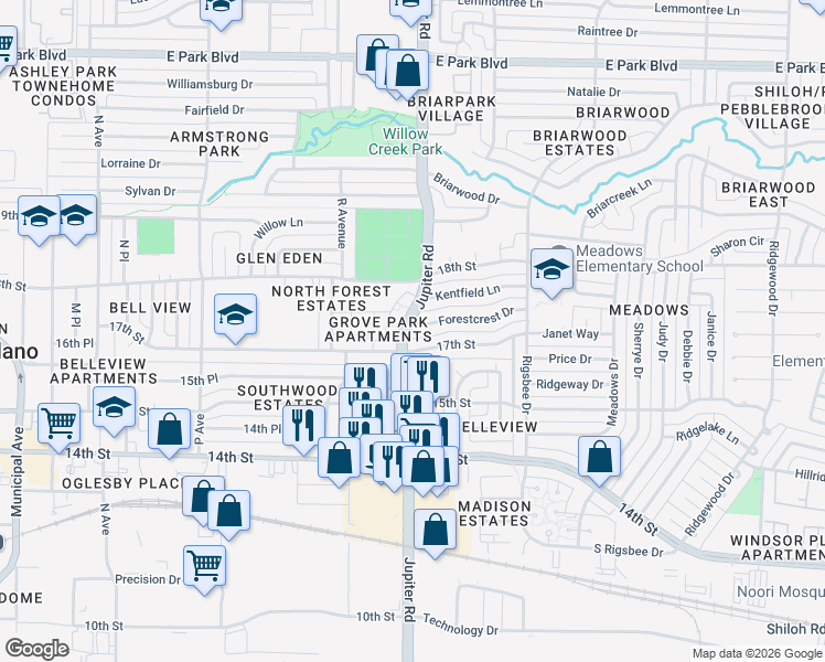map of restaurants, bars, coffee shops, grocery stores, and more near 2100 Forestcrest Drive in Plano