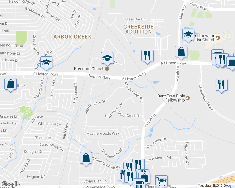 map of restaurants, bars, coffee shops, grocery stores, and more near 2230 High Country Drive in Carrollton