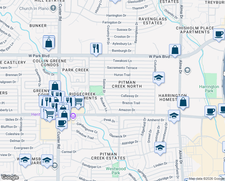 map of restaurants, bars, coffee shops, grocery stores, and more near 1712 Danube Lane in Plano