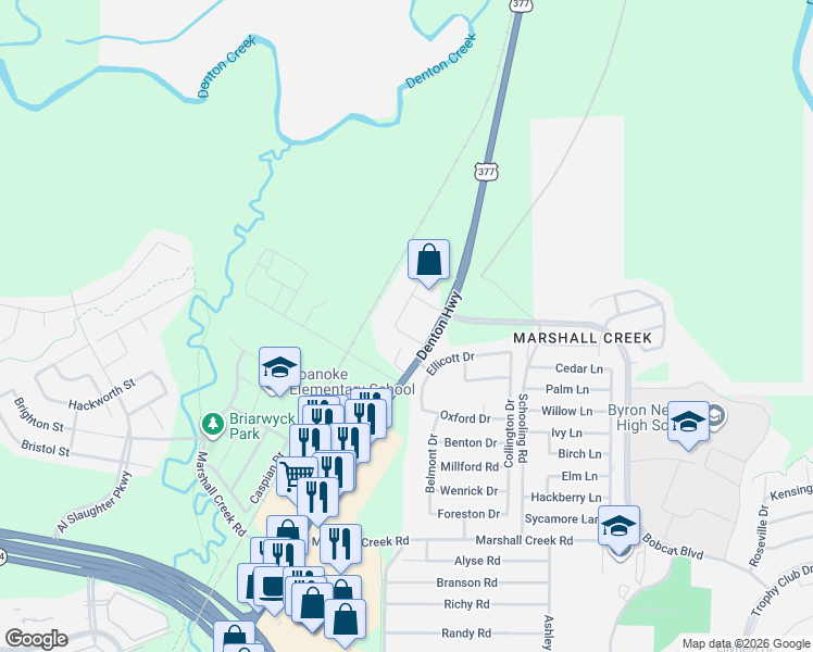 map of restaurants, bars, coffee shops, grocery stores, and more near 1701 North U.S. Highway 377 in Roanoke