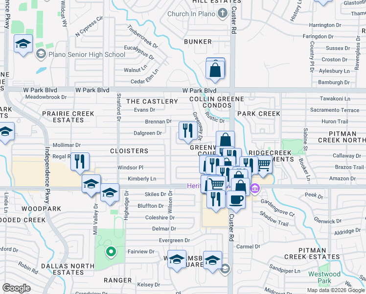 map of restaurants, bars, coffee shops, grocery stores, and more near 2320 Monticello Circle in Plano