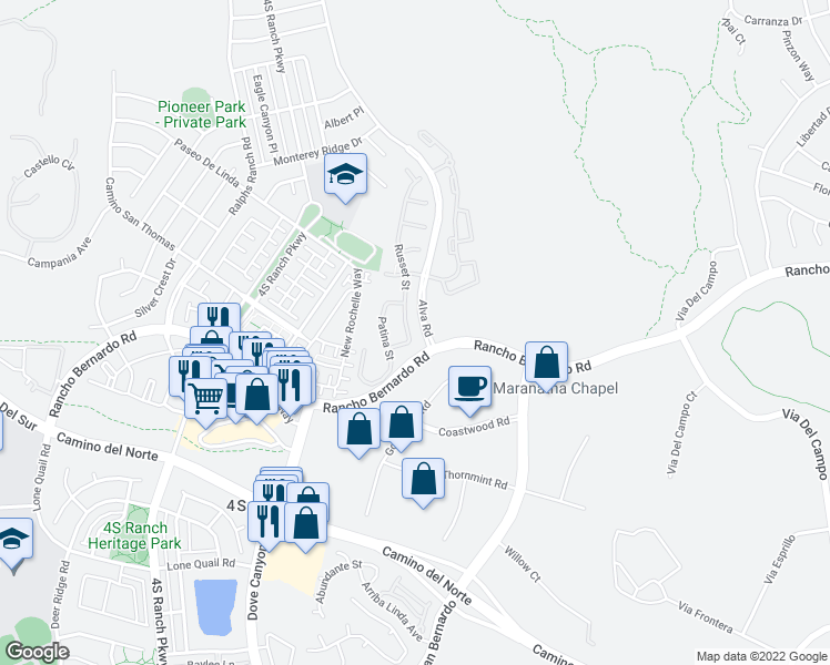 map of restaurants, bars, coffee shops, grocery stores, and more near 17145 Russet Street in San Diego