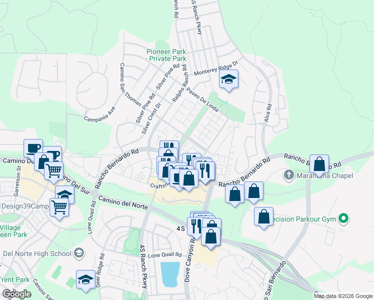 map of restaurants, bars, coffee shops, grocery stores, and more near 16926 Vasquez Way in San Diego