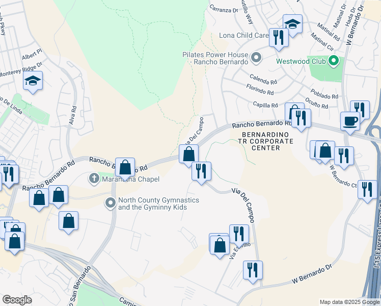 map of restaurants, bars, coffee shops, grocery stores, and more near Rancho Bernardo Road in San Diego
