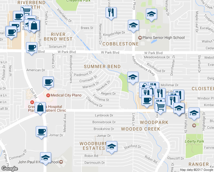 map of restaurants, bars, coffee shops, grocery stores, and more near 3324 Newkirk Drive in Plano