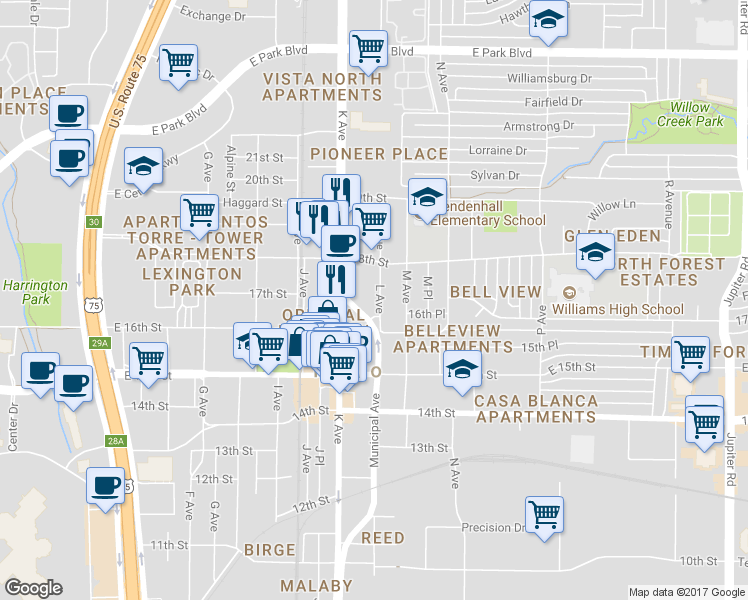 map of restaurants, bars, coffee shops, grocery stores, and more near 1609 L Avenue in Plano