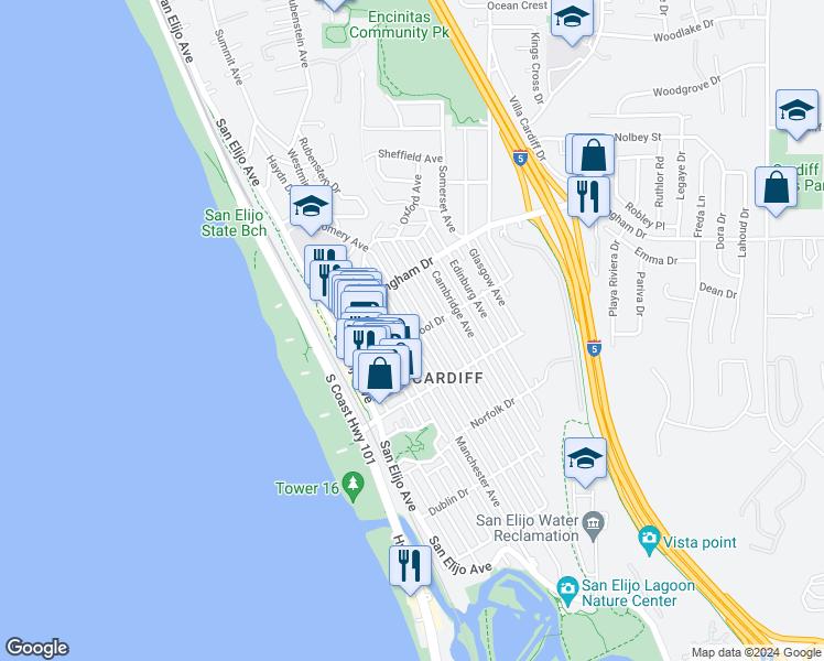 map of restaurants, bars, coffee shops, grocery stores, and more near 2088 Montgomery Avenue in Encinitas