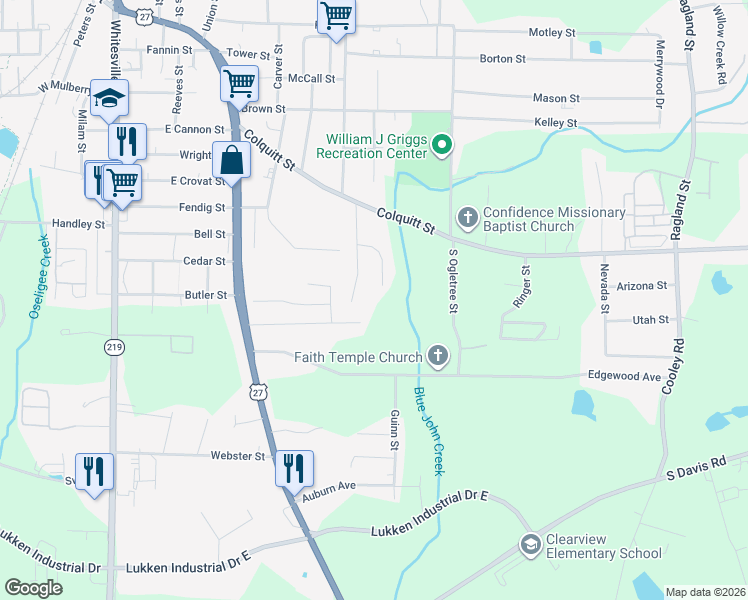 map of restaurants, bars, coffee shops, grocery stores, and more near 724 Pyracantha Drive in LaGrange