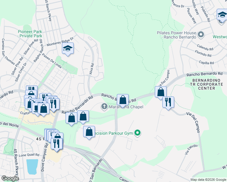 map of restaurants, bars, coffee shops, grocery stores, and more near 10790 Rancho Bernardo Rd in San Diego