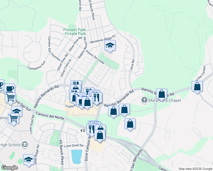 map of restaurants, bars, coffee shops, grocery stores, and more near 10520 Hollingsworth Way in San Diego
