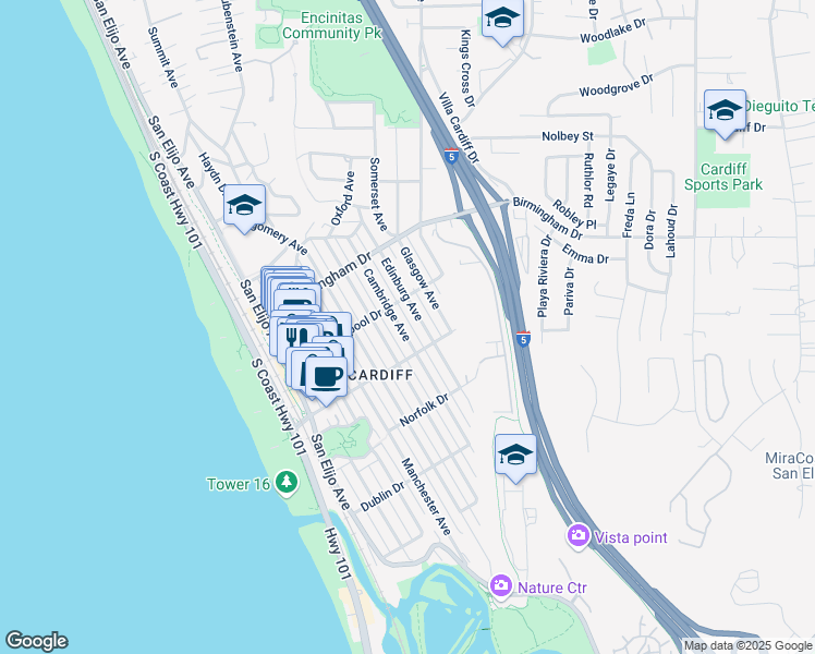 map of restaurants, bars, coffee shops, grocery stores, and more near 2142 Edinburg Avenue in Encinitas